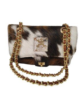 Charlie Leather Medium Leather Shoulder Bag- Black/White/Brown Fur - NWT